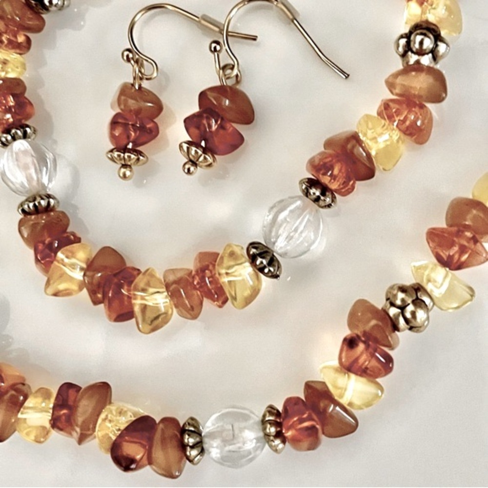 Vintage AVON Silver Plated Brown Amber Cream Bead Necklace Bracelet Earrings Set